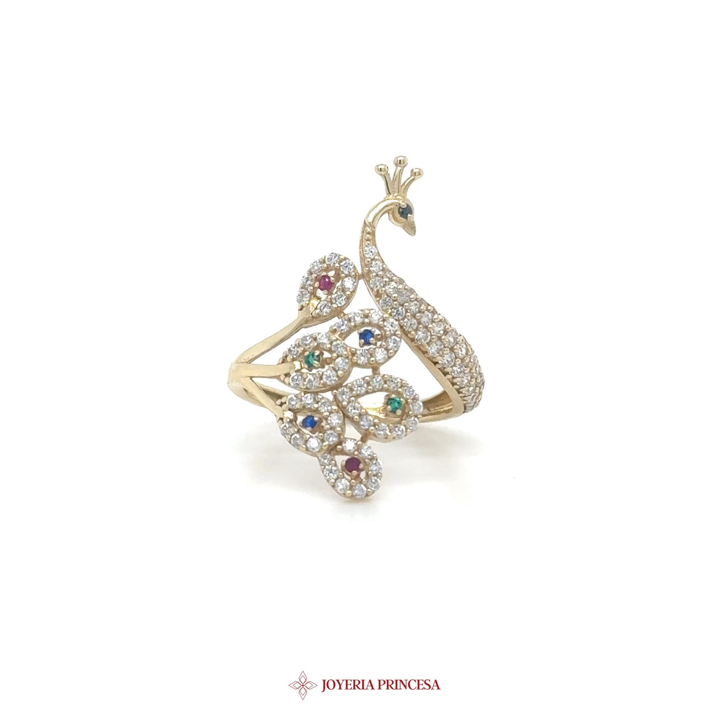 14K Gold Peacock Motif Ring with Colorful Stones