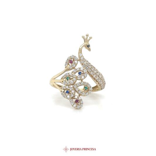 14K Gold Peacock Motif Ring with Colorful Stones