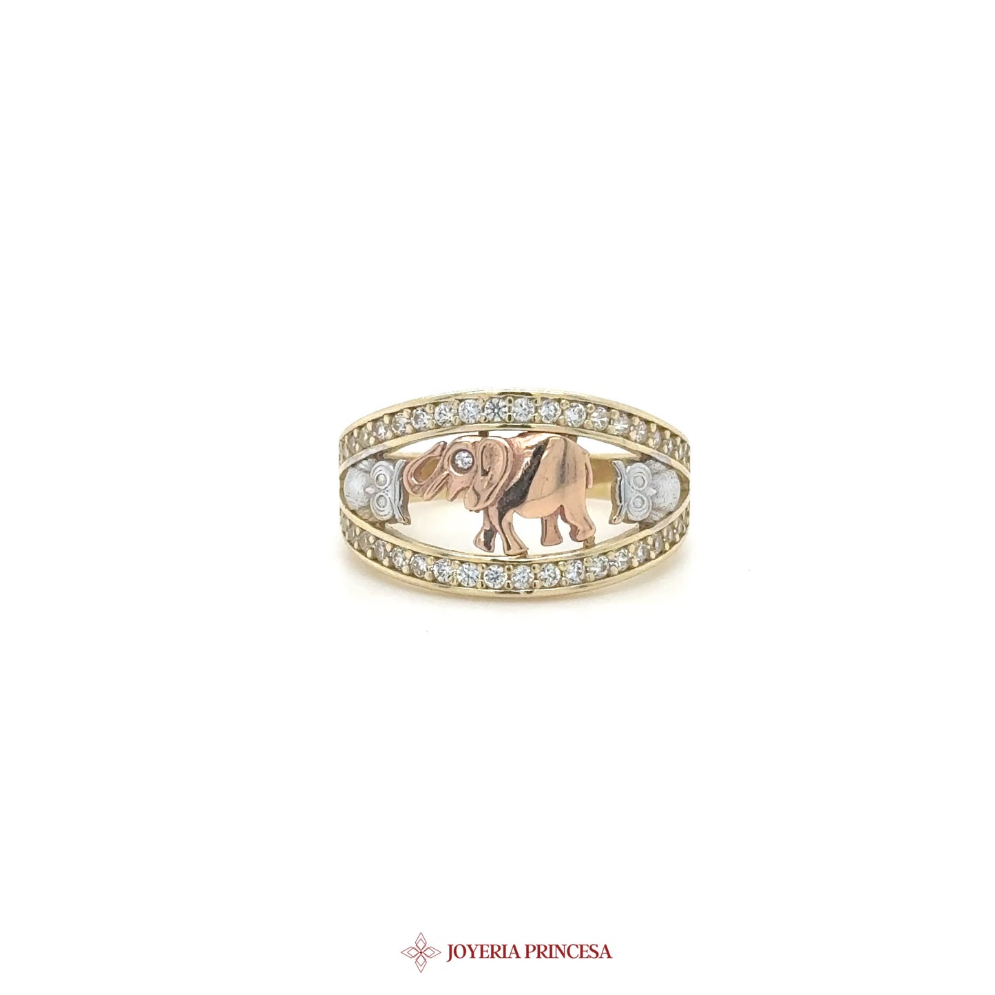 14K Gold Elephant Motif Ring with CZ Accents