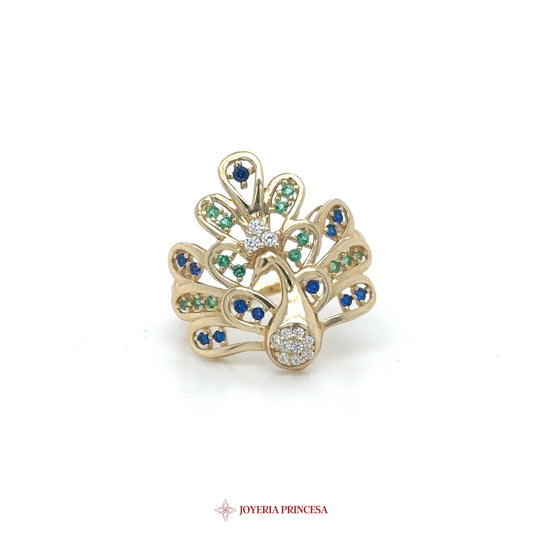 14K Peacock Motif Ring with Colorful Stones