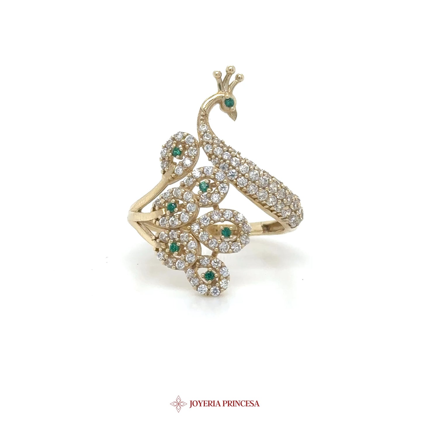 14K Gold Peacock Motif Ring with CZ Stones