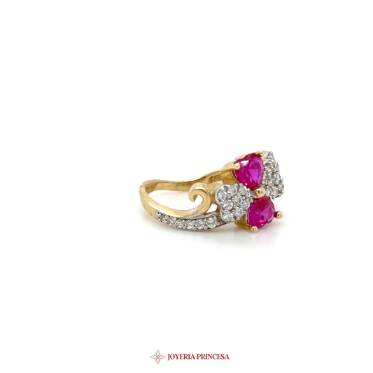 14K Gold Heart Ruby & CZ Bow Stud Earrings