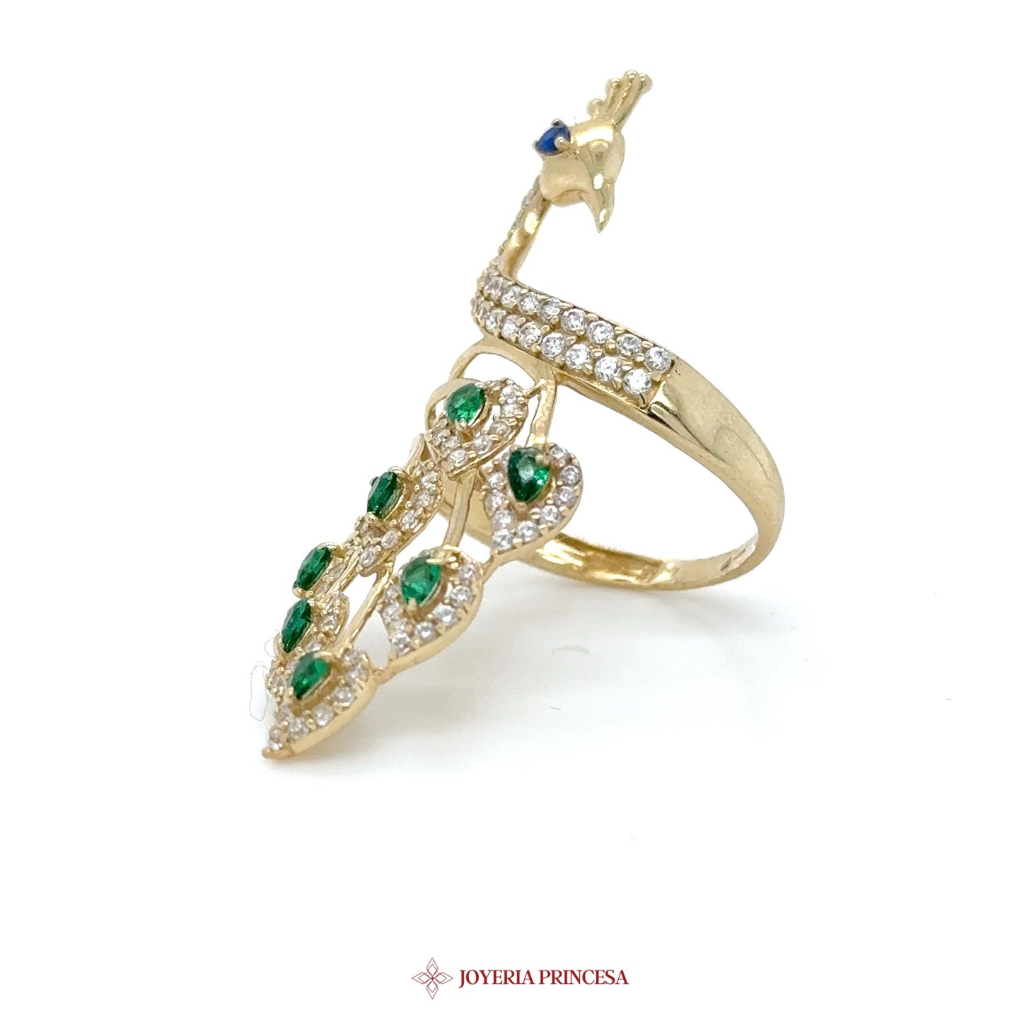 14K Gold Peacock Motif Ring with Green and Blue Stones
