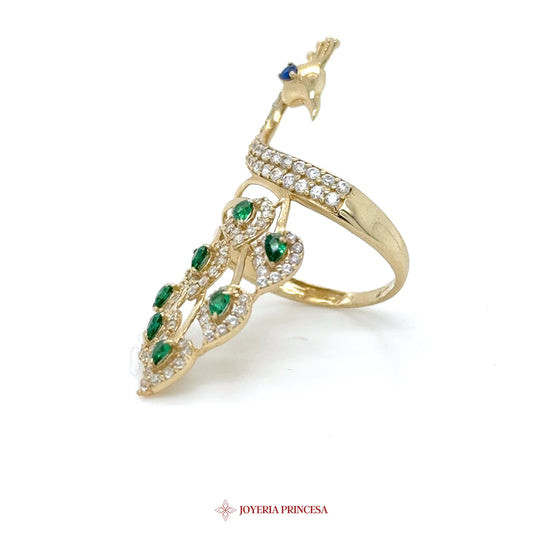 14K Gold Peacock Motif Ring with Green and Blue Stones
