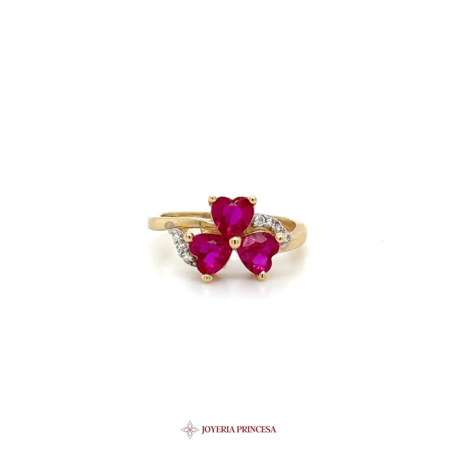 14K Gold Triple Ruby Cluster Ring with Diamond Accent