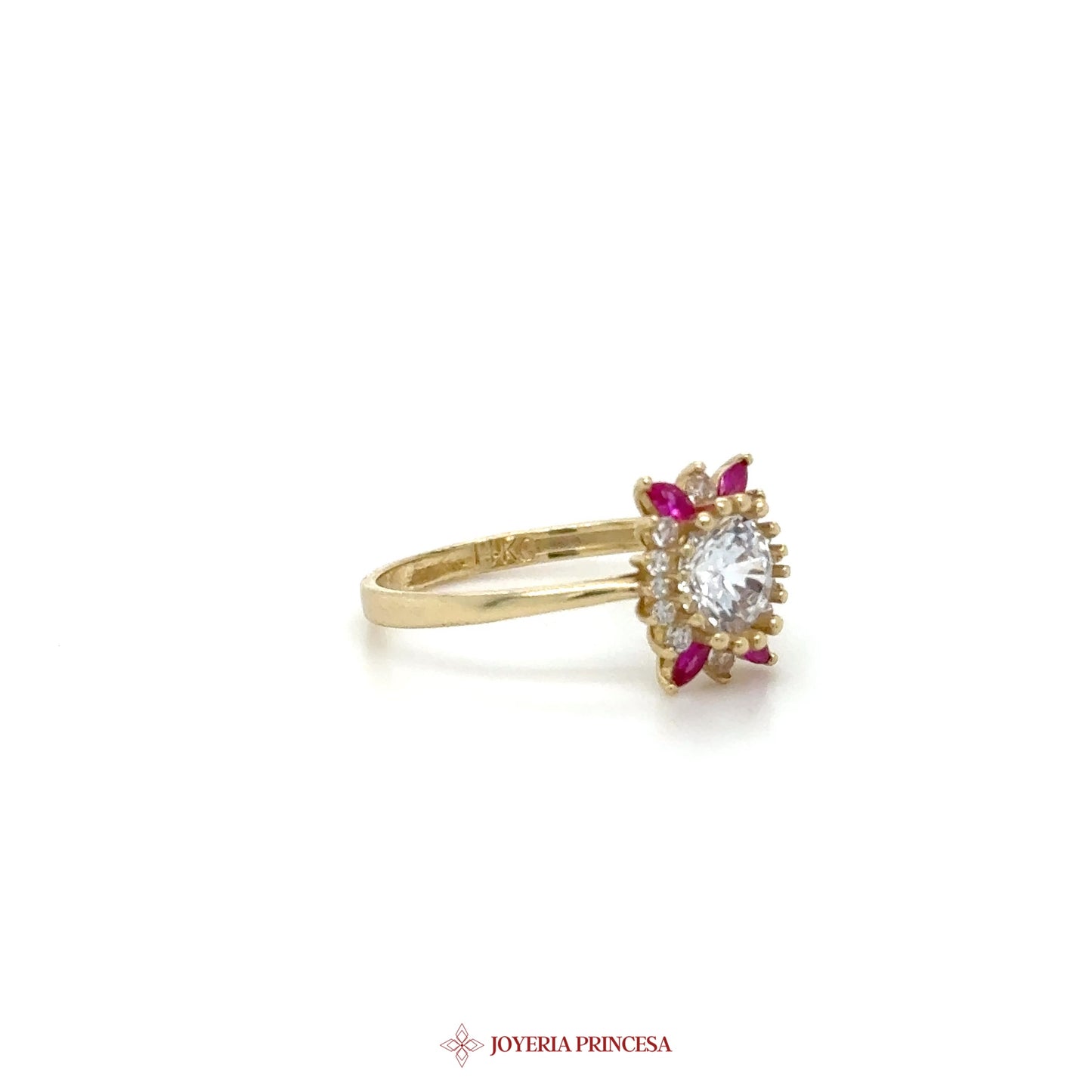 14K Gold Floral Motif Ring with CZ and Ruby Simulated Stones