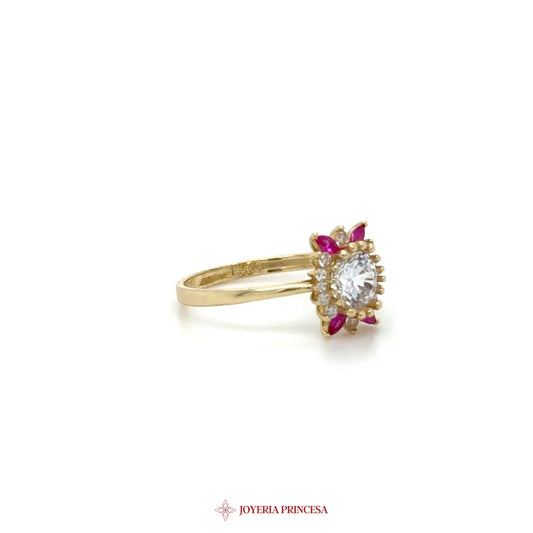 14K Gold Floral Motif Ring with CZ and Ruby Simulated Stones