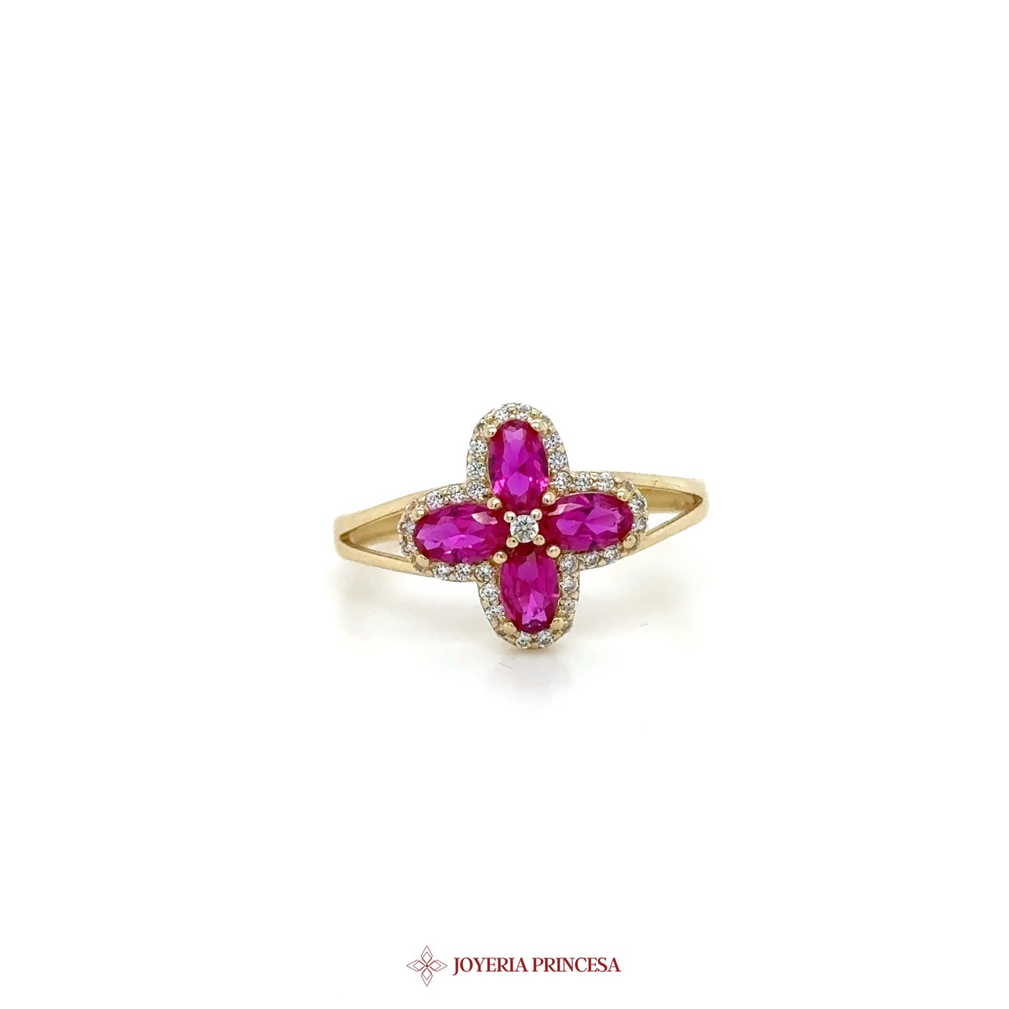 14K Gold Floral Motif Ring with Pink Stones