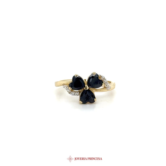 14K Gold Triple Heart Black Stone Ring