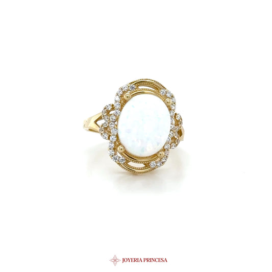 14K Gold Opal and CZ Halo Ring