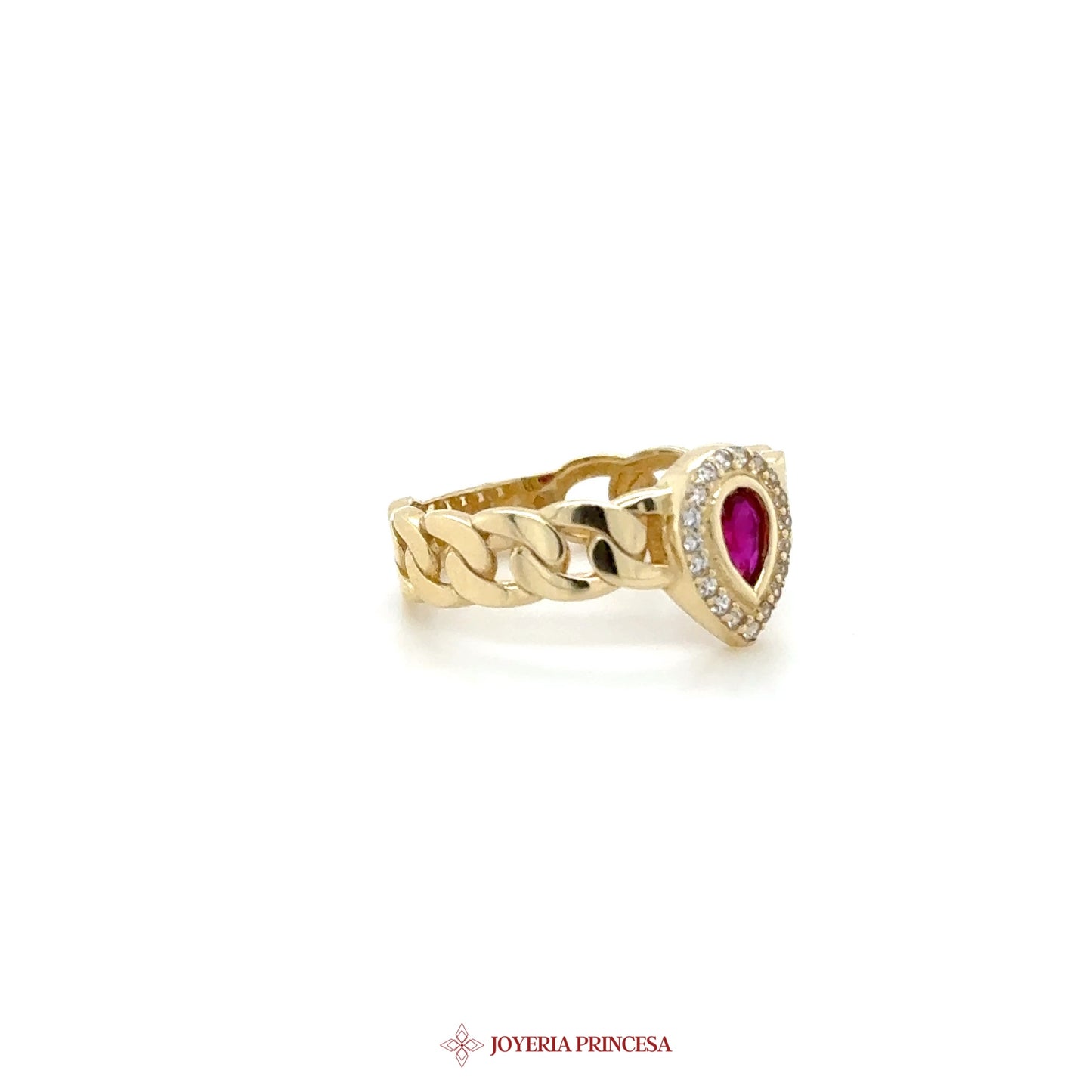 14K Gold Chain Ring with Pear-Shaped Ruby and CZ