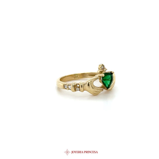 14K Gold Heart-Shaped Green Stone Ring with CZ Accents