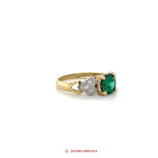 14K Gold Green Stone and CZ Accent Ring