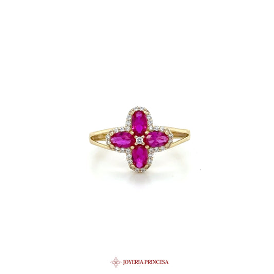 14K Gold Cross Motif Ring with Pink Stones