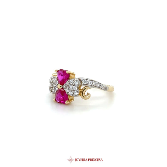 14K Gold Heart Motif Ring with Ruby and CZ Stones