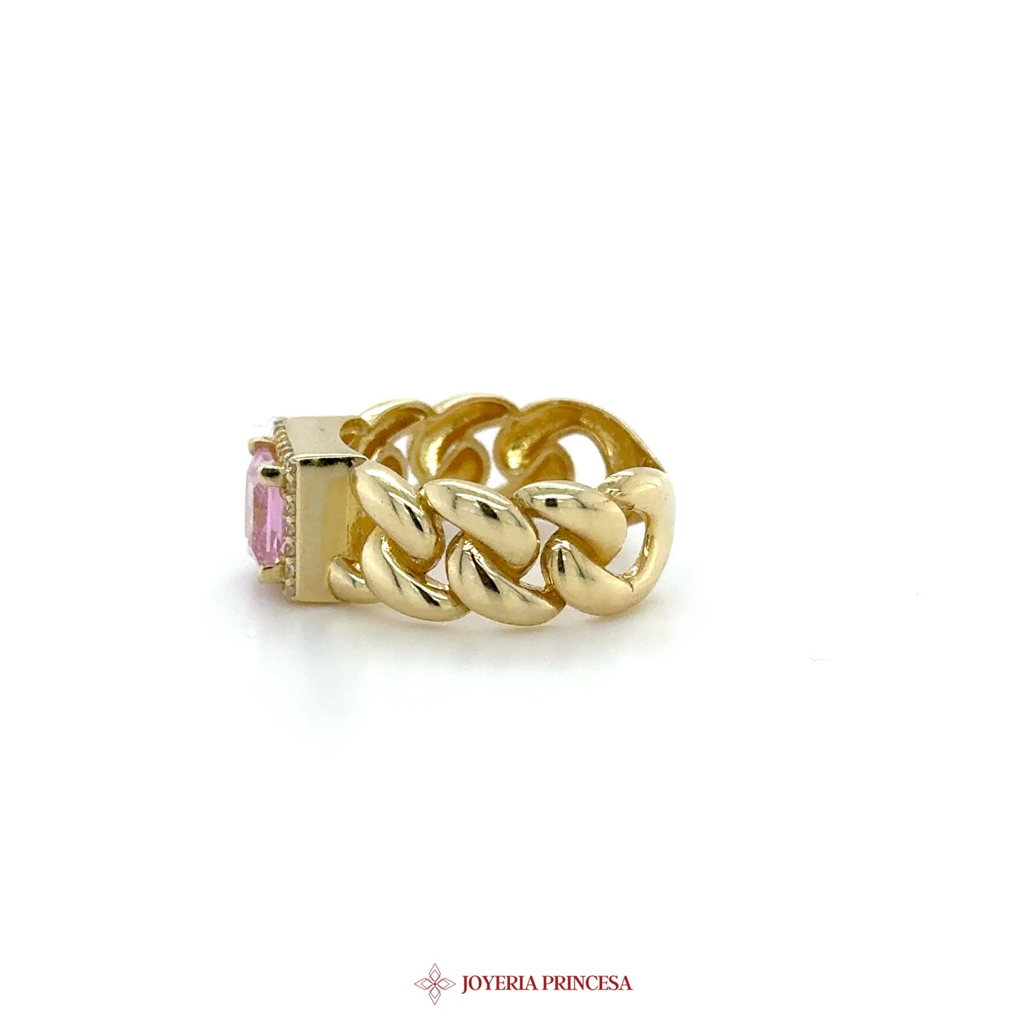 14K Gold Chunky Link Ring with Pink Stone