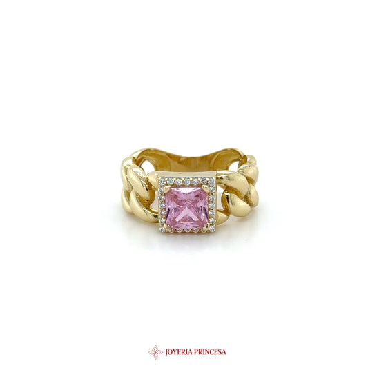 14K Gold Chunky Link Ring with Pink Stone