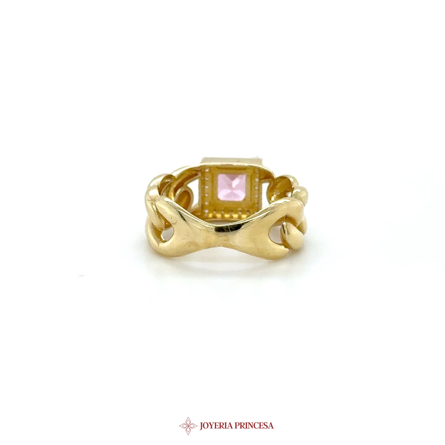 14K Gold Chunky Link Ring with Pink Stone