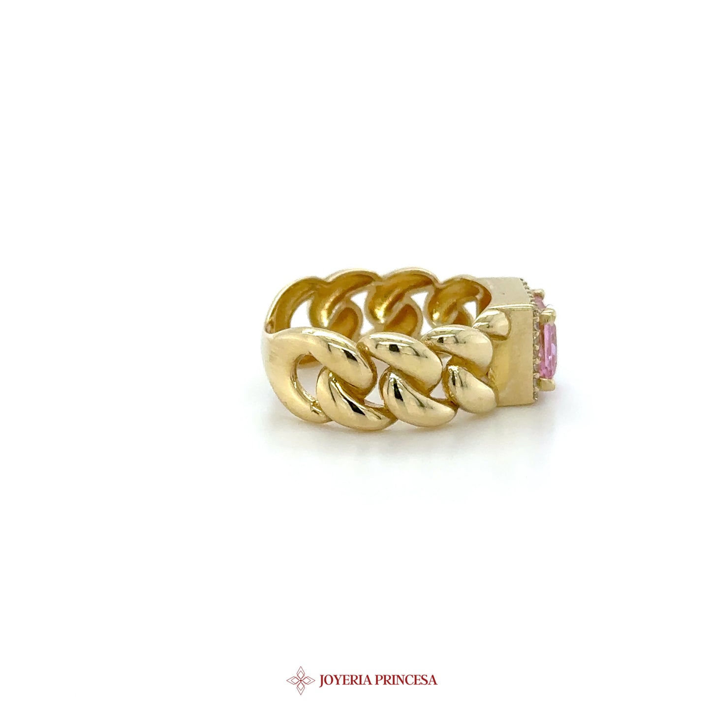 14K Gold Chunky Link Ring with Pink Stone
