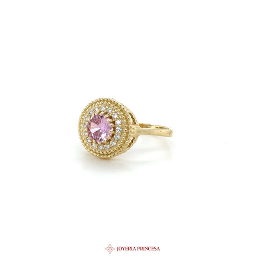 14K Gold Pink Stone Halo Ring