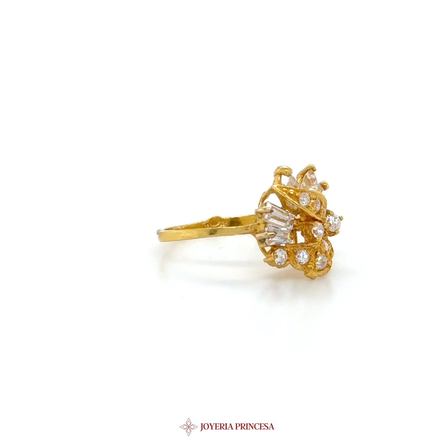 14K Gold Floral Motif Ring with Simulated Diamonds