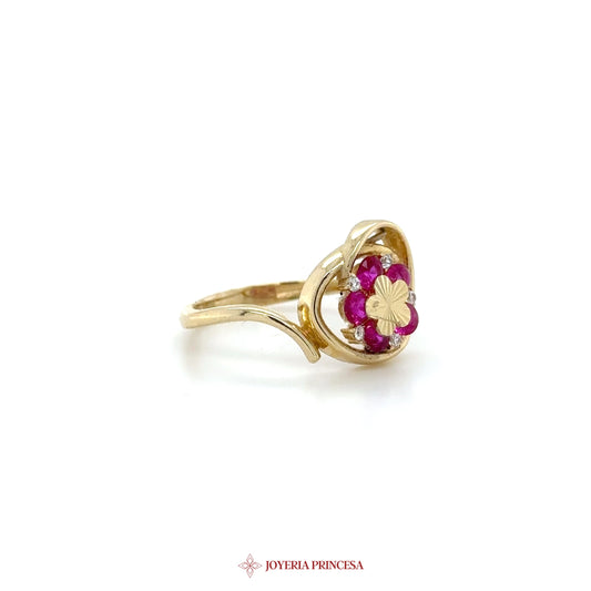 14K Gold Floral Ring with Ruby Simulated Stones