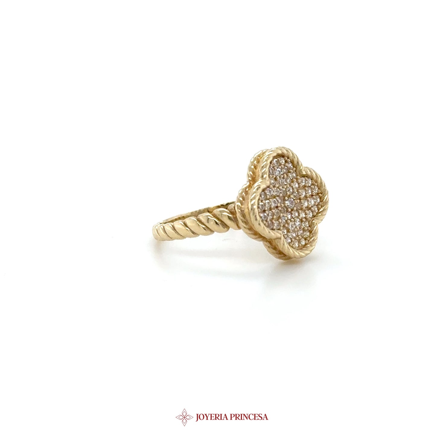 14K Gold Clover Motif Ring with Simulated Diamonds