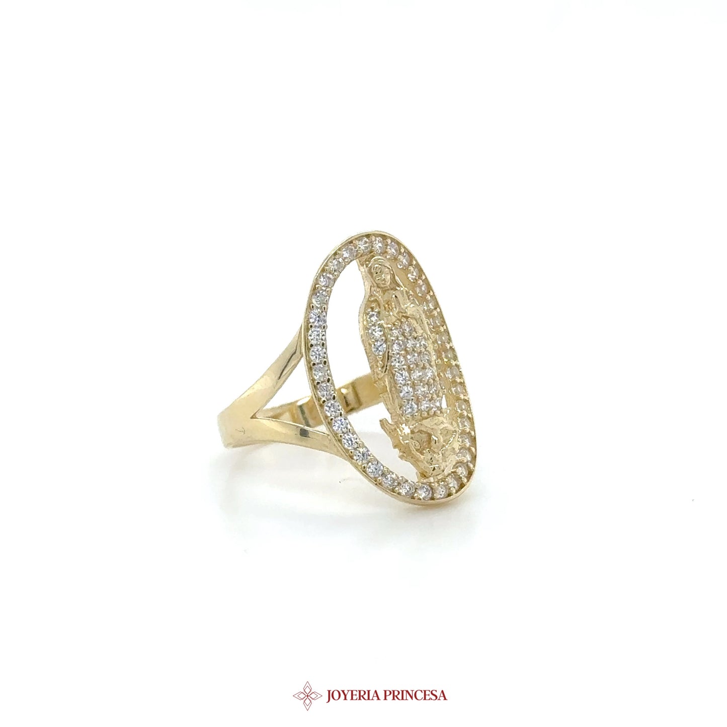 14K Gold Oval Motif Ring with Simulated Diamonds