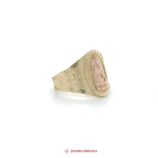14K Gold Virgin Mary Hexagon Ring with Pink Stone