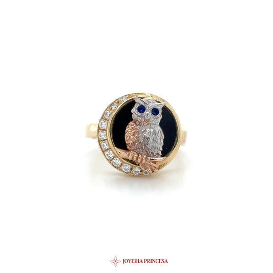 14K Gold Owl Motif Ring with CZ Accents