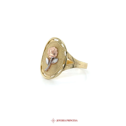14K Gold Floral Motif Ring with Rose Detail