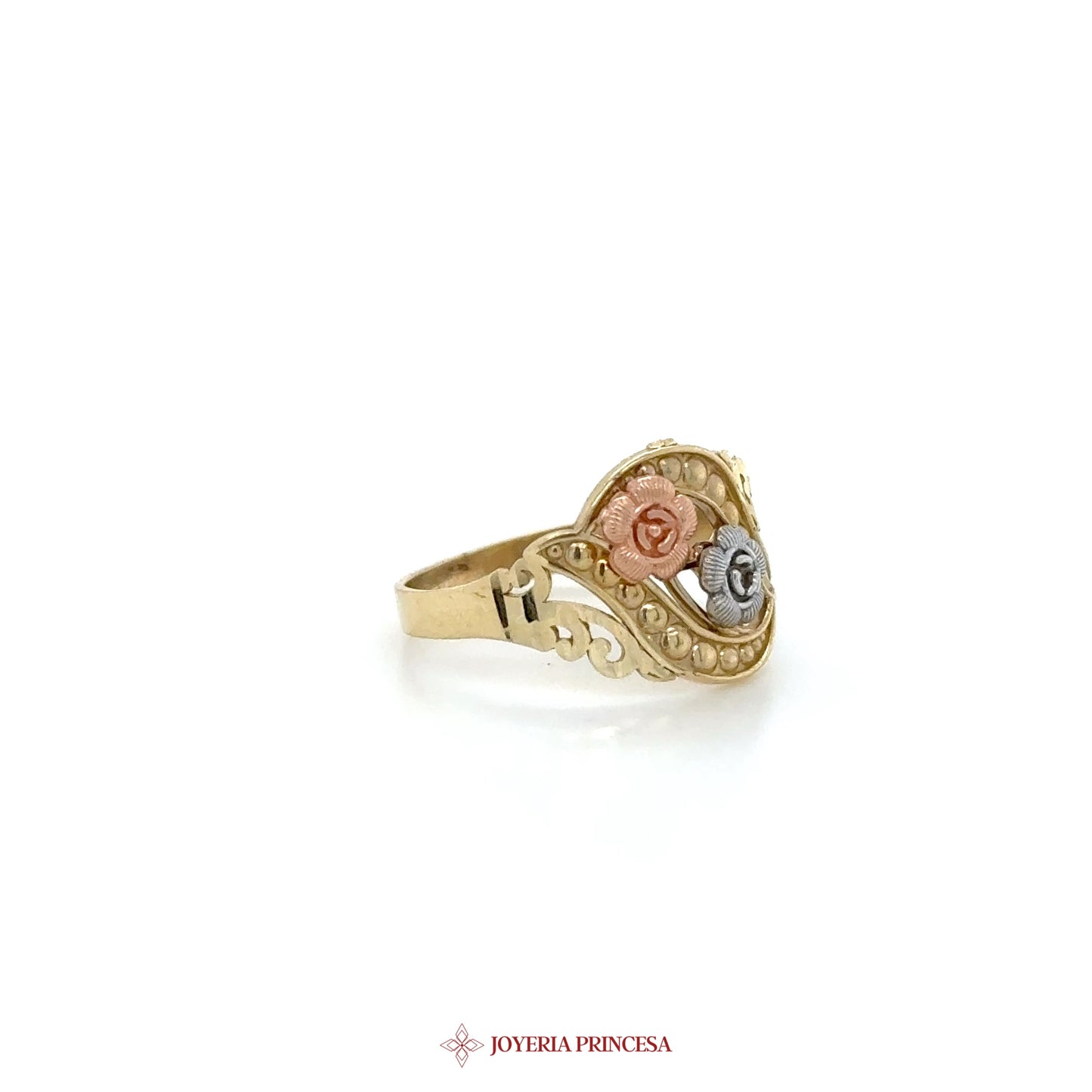 14K Floral Motif Ring with Pink and Gray Roses