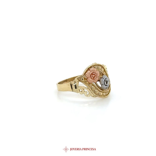 14K Floral Motif Ring with Pink and Gray Roses
