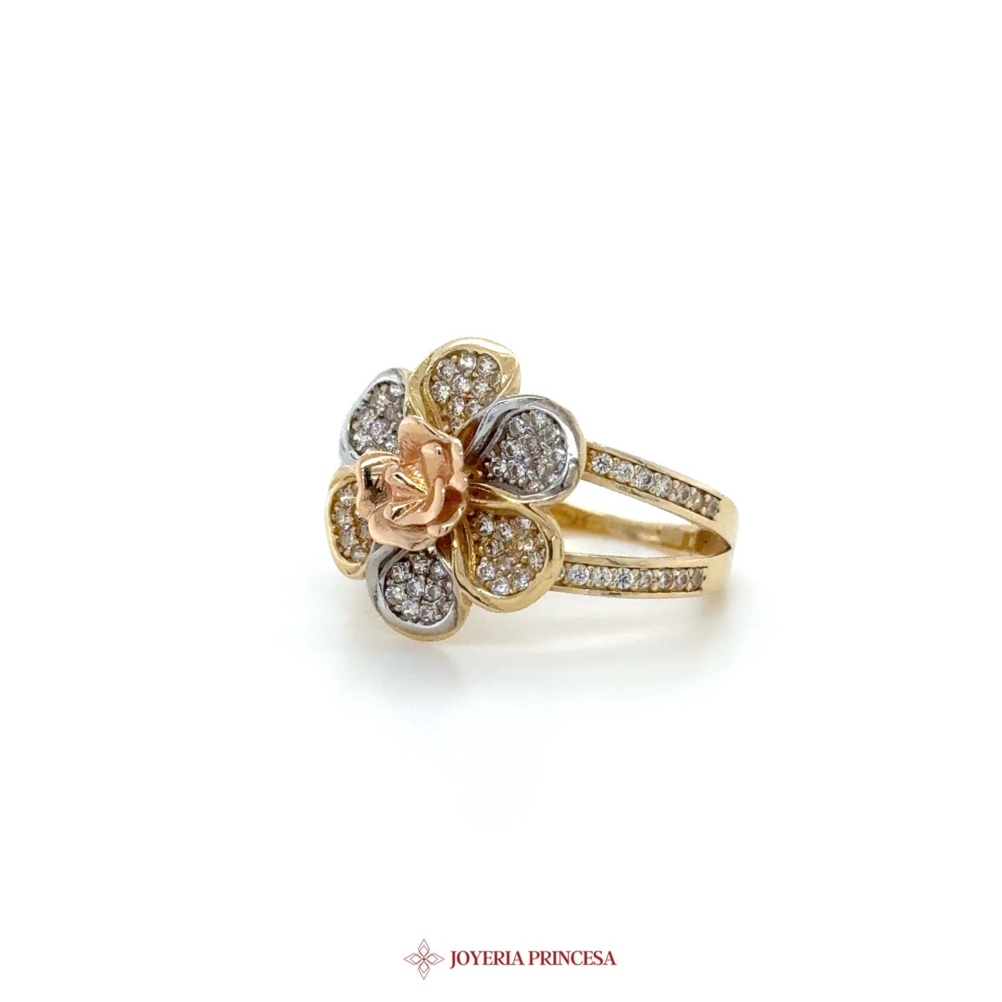 14K Floral Ring with Rose Motif and CZ Stones