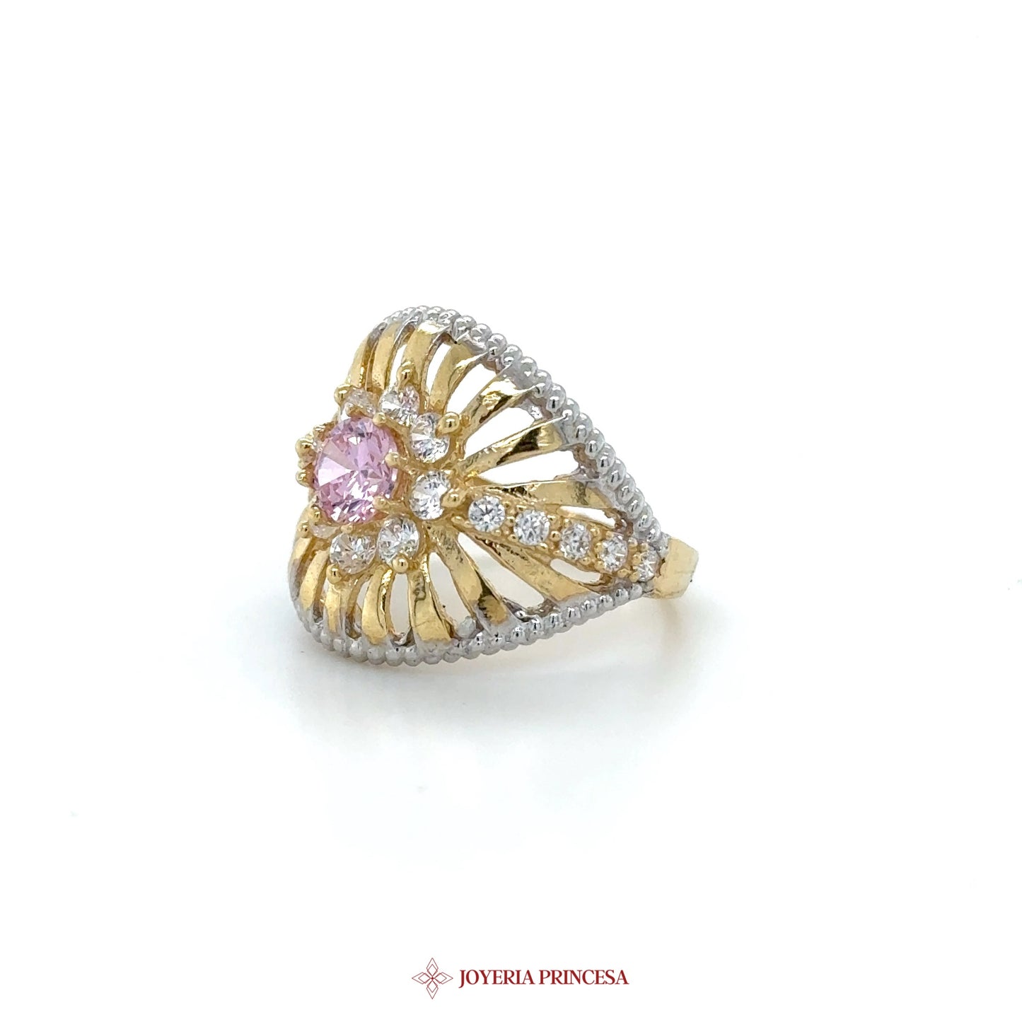 14K Gold Floral Motif Ring with Pink and Clear Stones
