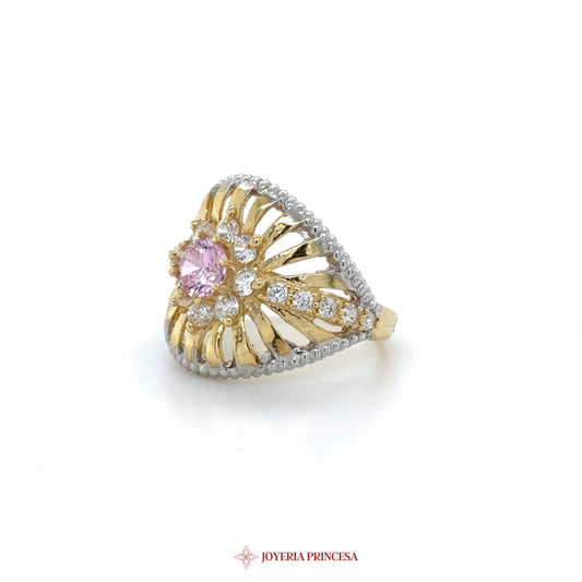 14K Gold Floral Motif Ring with Pink and Clear Stones