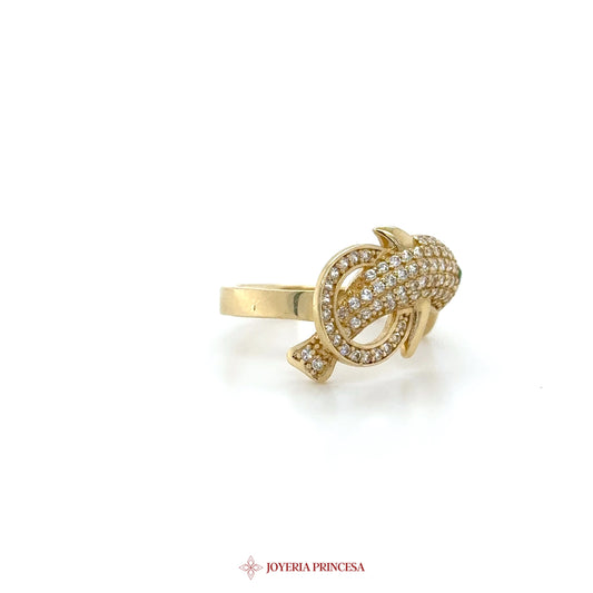 14K Gold Fish Motif Ring with CZ Stones