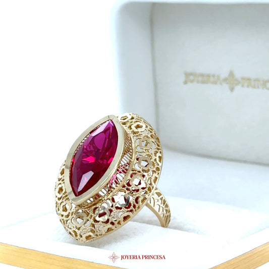 10K Gold Filigree Ring with Marquise Cut Simulated Ruby