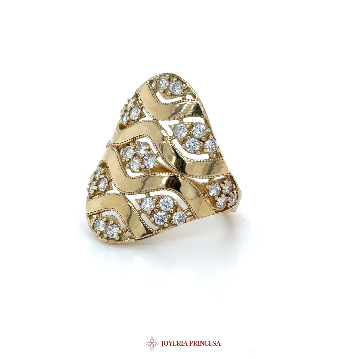 10K Gold Wave Design Ring with CZ Stones