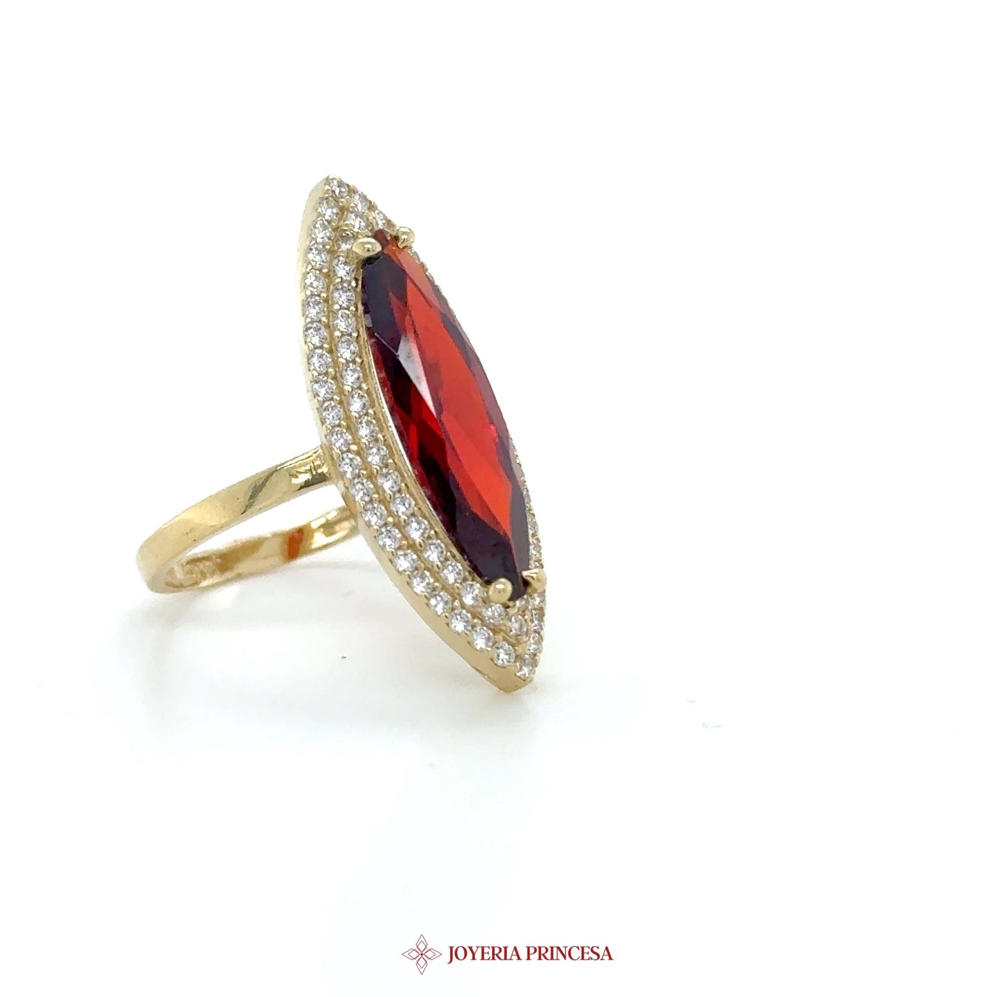 14K Gold Marquise Red Stone Ring with CZ Accents