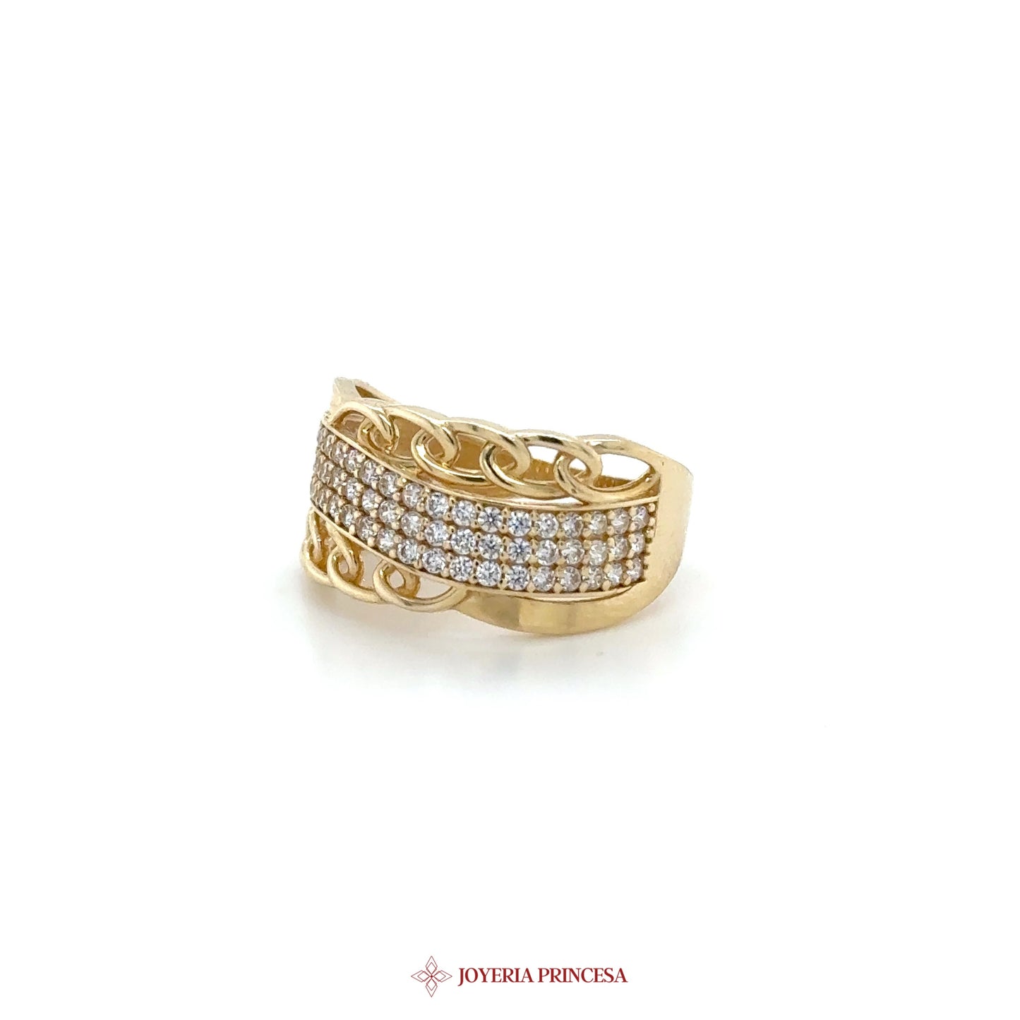 14K Gold Chain Motif Ring with CZ Stones