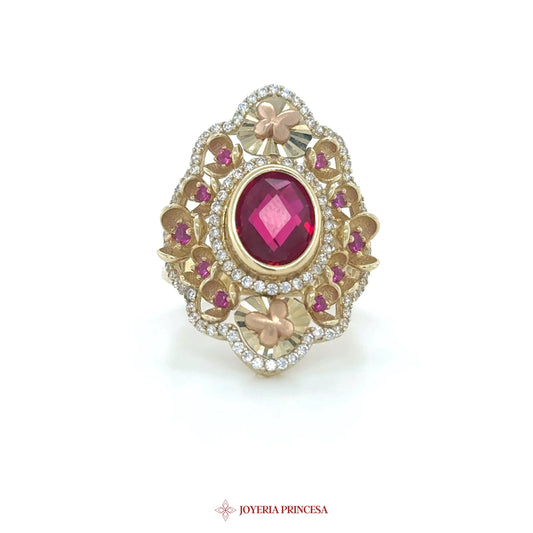 14K Gold Floral Cocktail Ring with Pink Stones
