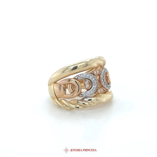 14K Gold and Rose Gold Intertwined Band Ring with CZ