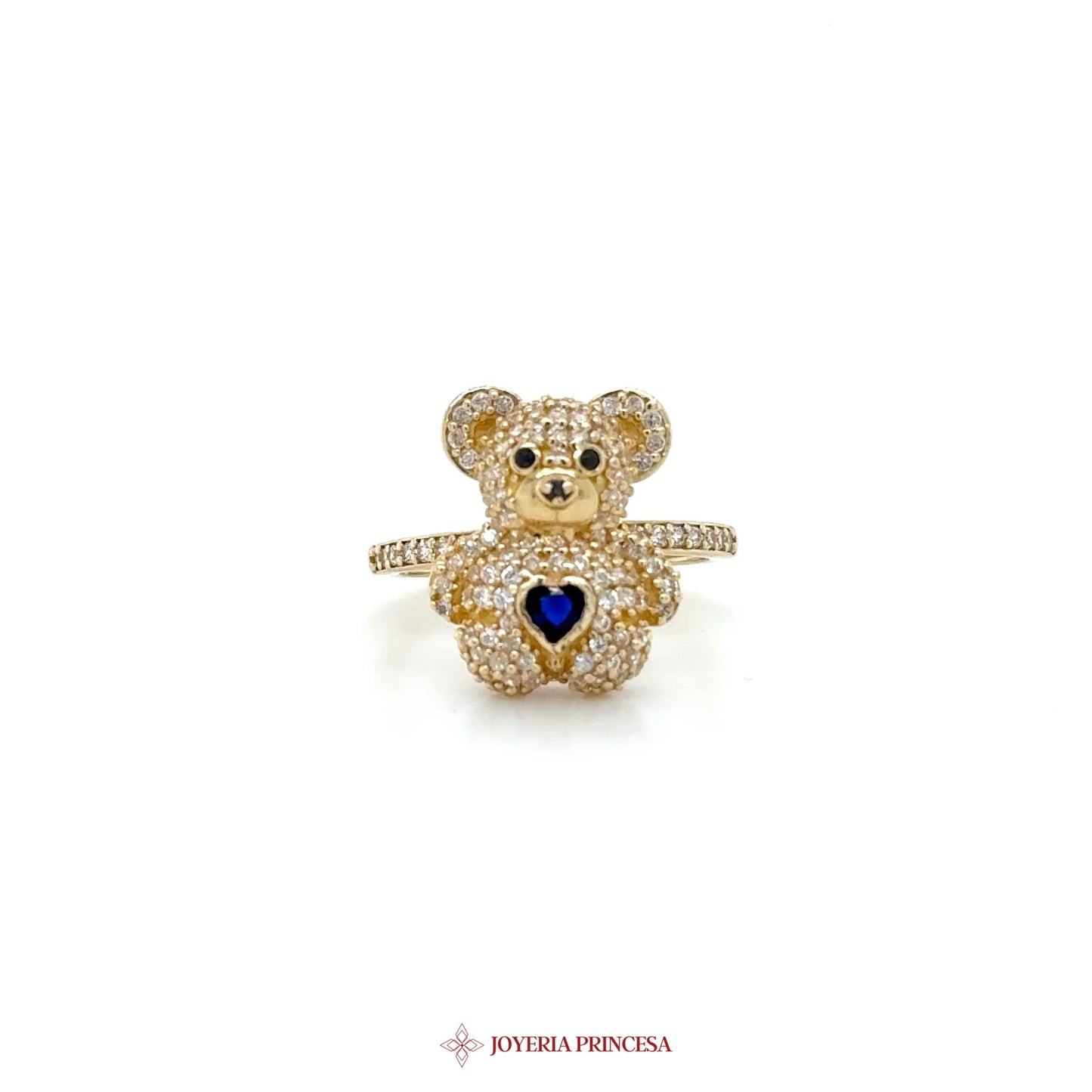 14K Gold Bear Ring with Blue Heart and CZ Stones