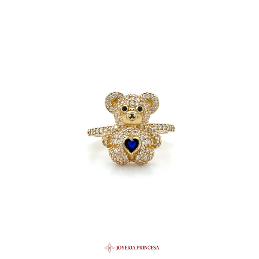14K Gold Bear Ring with Blue Heart and CZ Stones