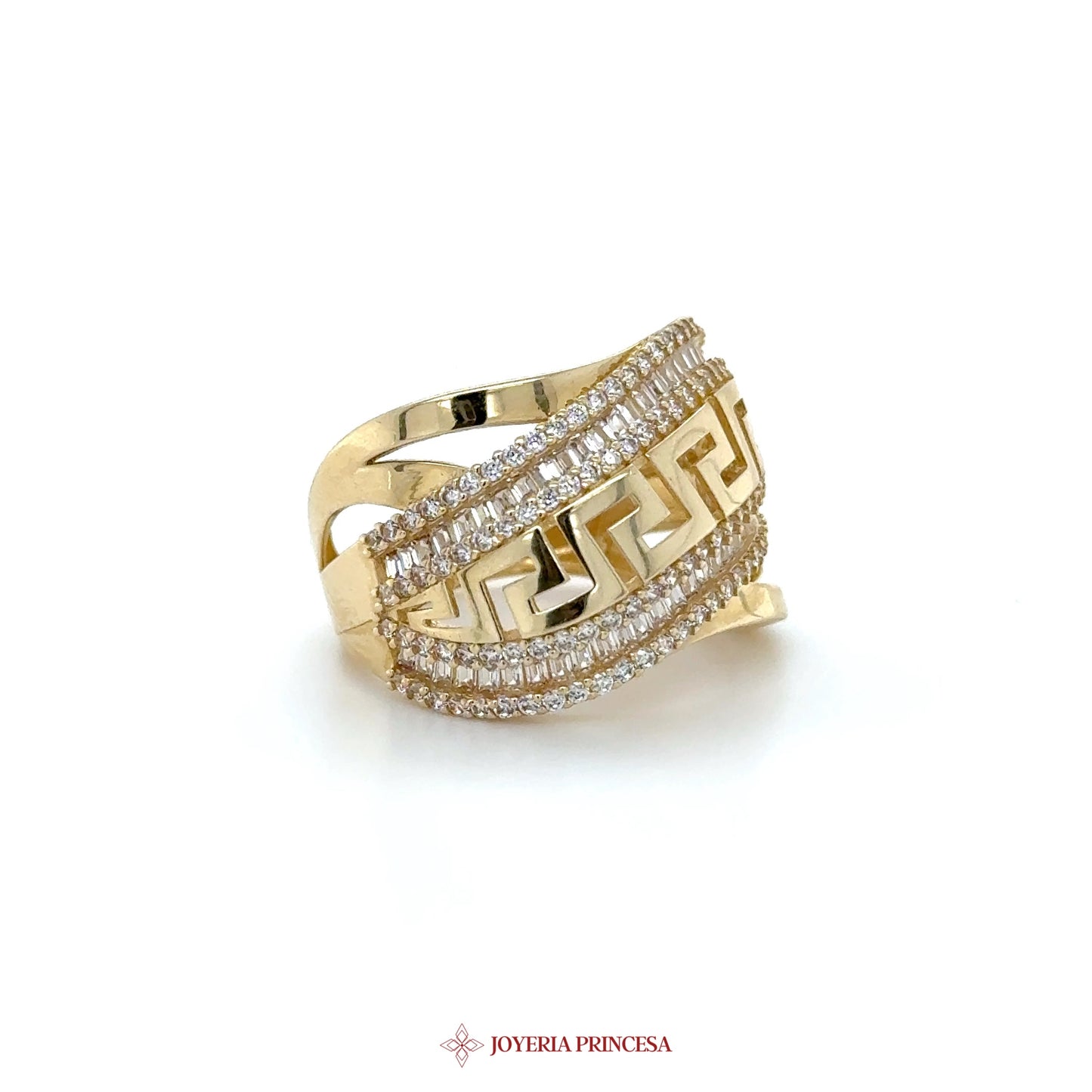 14K Gold Greek Key Design Ring with CZ Stones