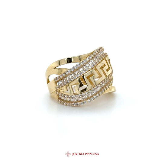 14K Gold Greek Key Design Ring with CZ Stones