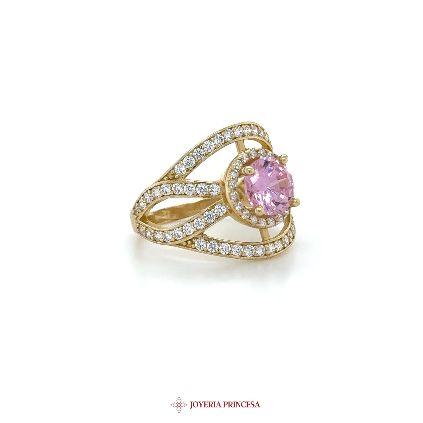 14K Gold Dangle Ring with Pink Center Stone and CZ Accents