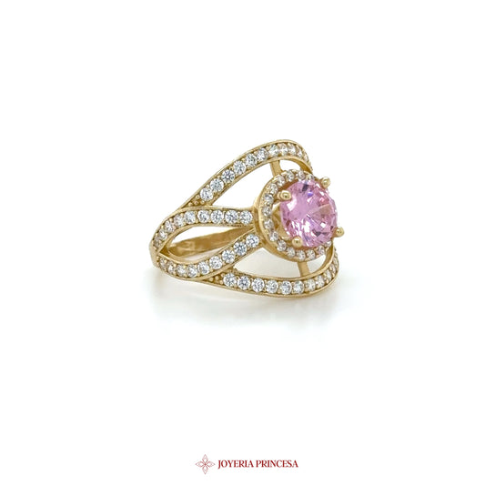 14K Gold Dangle Ring with Pink Center Stone and CZ Accents