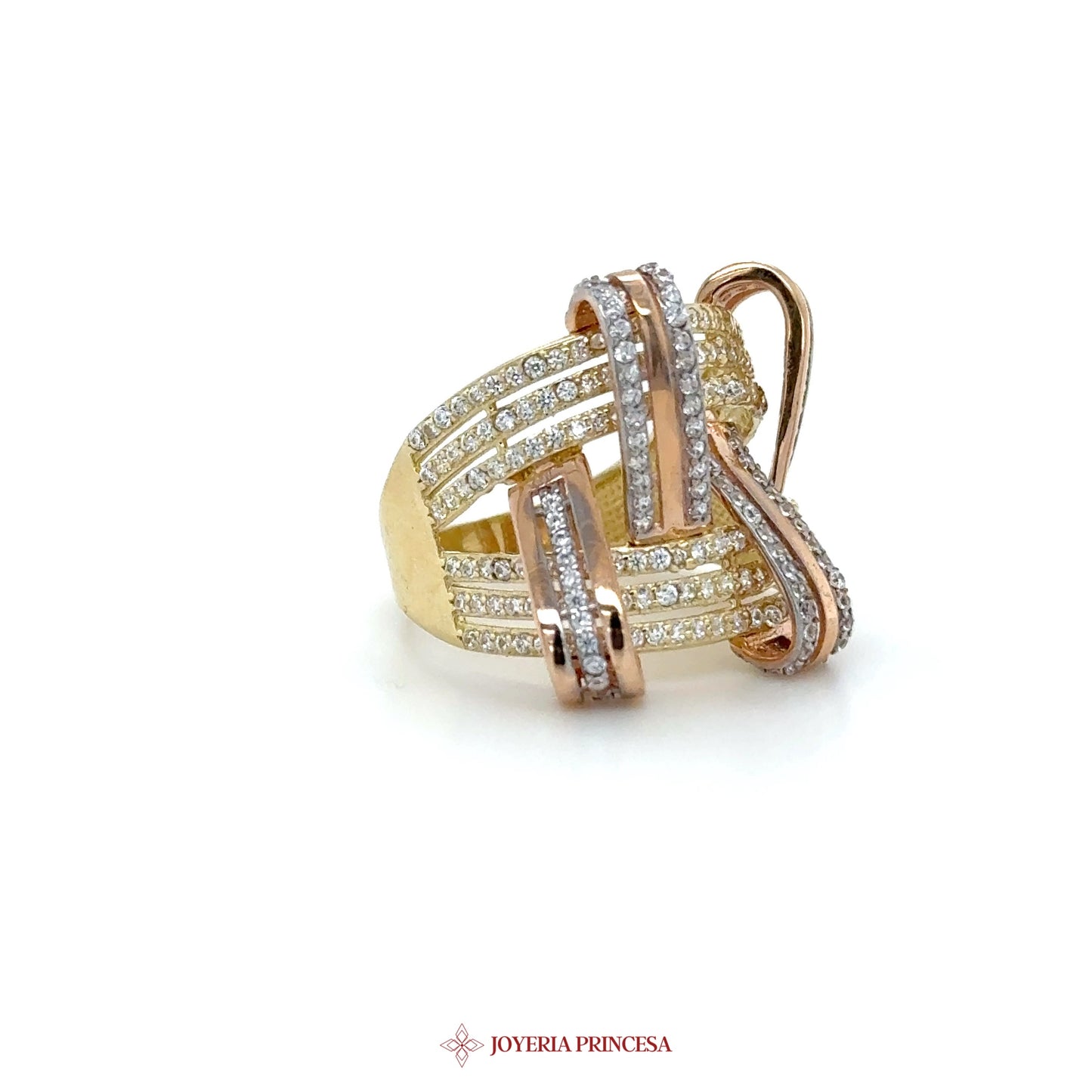 14K Tri-Color Gold Interwoven Band Ring with CZ